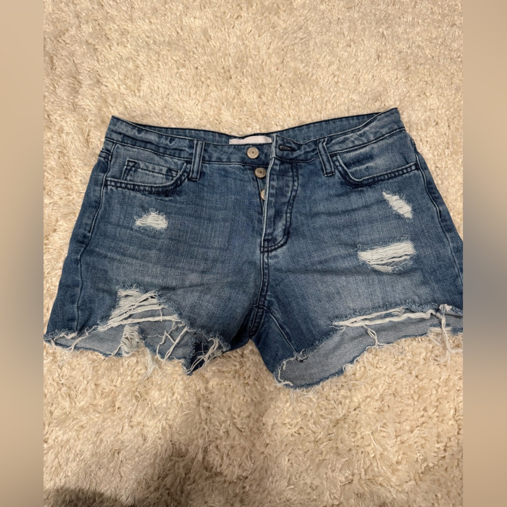 Blue Distressed Jean Shorts with Frayed Hem